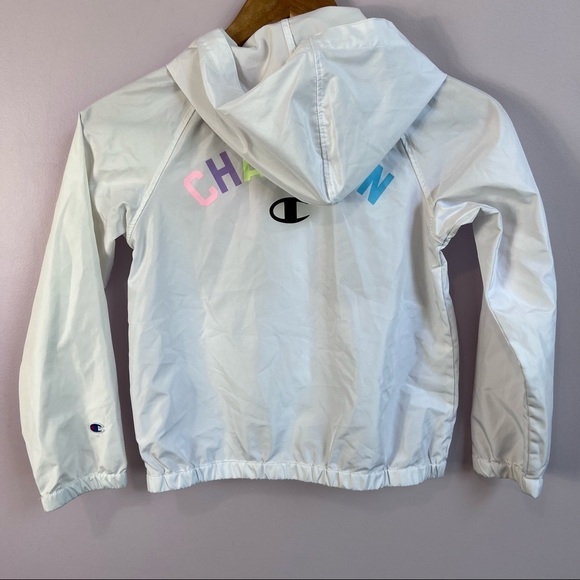 CHAMPION Girls White Hooded Logo Windbreaker Rain Jacket Pastel Logo Small - Picture 9 of 14